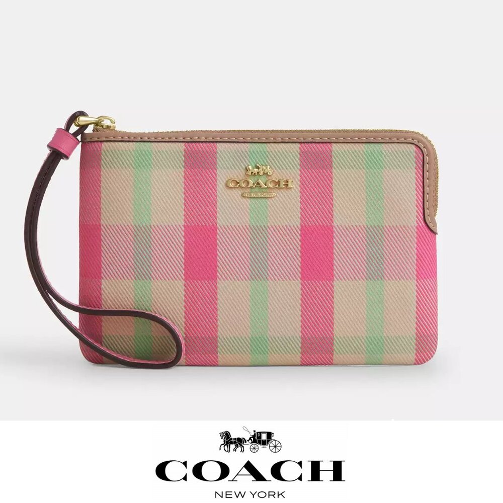 ❤️ Coach Corner Zip Wristlet With Plaid Print